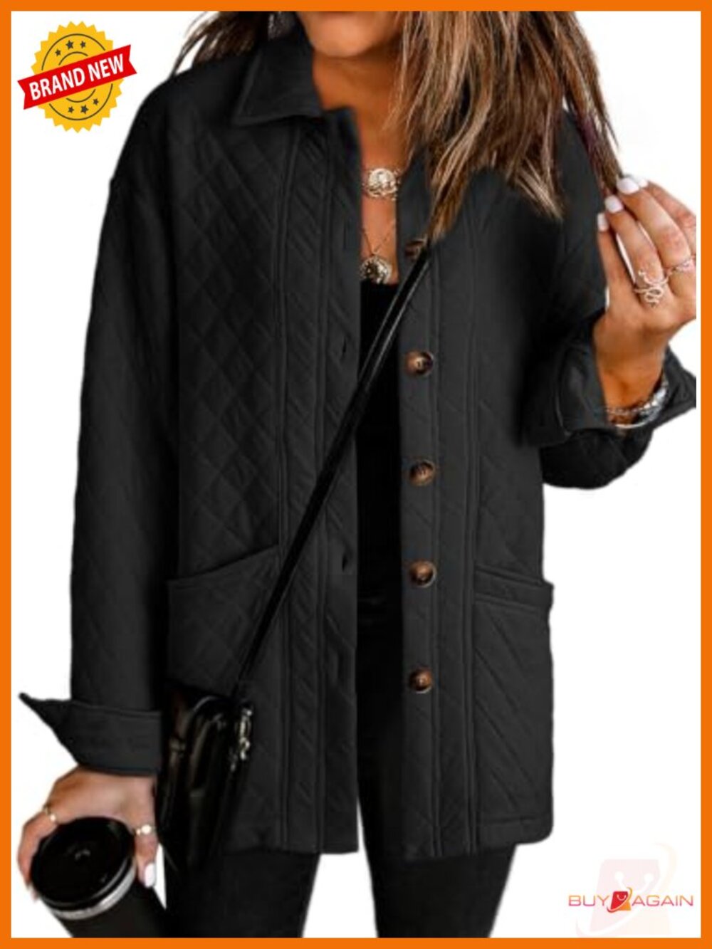 Quilted Button Down Jacket Women Collared Long Sleeve Coat Pockets